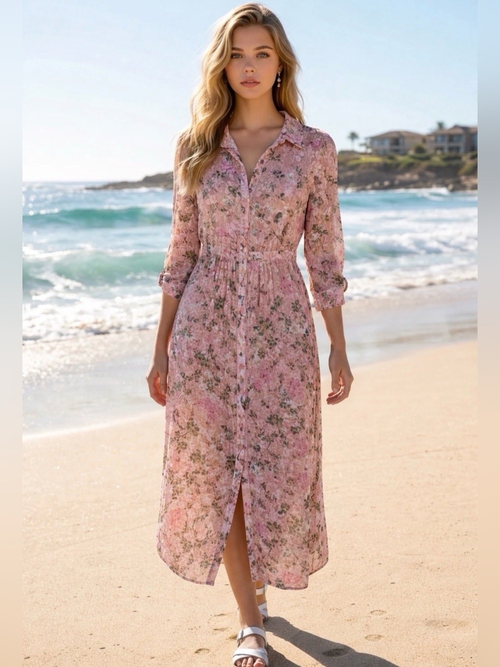 Hemant and Nandita Triana Velvet Floral Midi Shirt Dress Barbiecore Bohemian